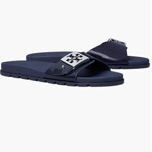 Tory Burch Buckle Slide Sandals size 7 EUC New Navy/Silver